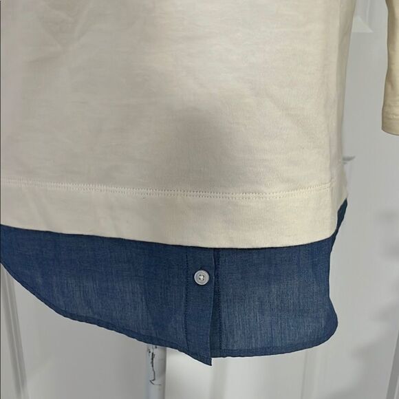 Talbots Cream and Blue Asymmetrical Nautical Blouse with shirt Tails - Picture 5 of 9